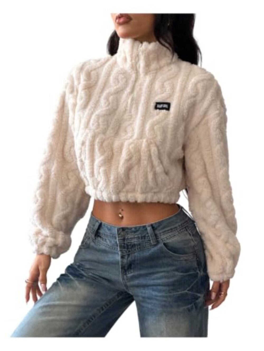 Fuzzy Fleece Half Zip Mock Neck Loose Fit Cropped Sweatshirt